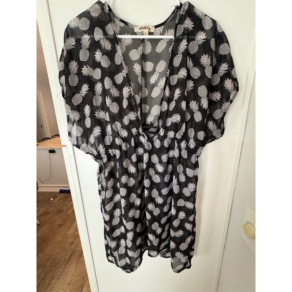Miken Swim Cover Up Dress XL Black White Pineapple Print V-Neck Sheer Chiffon